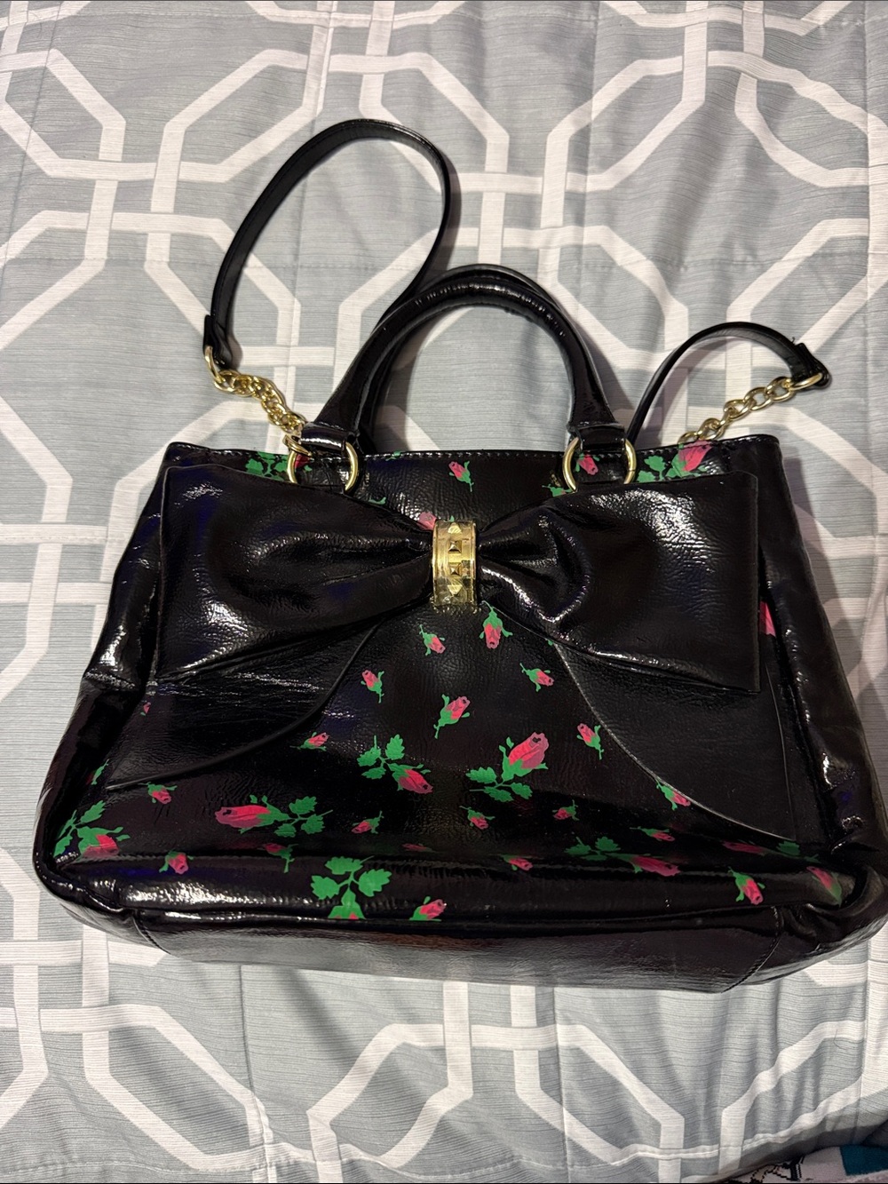 Betsey Johnson Black Patent Bow Satchel with Pink & Green Floral Accents